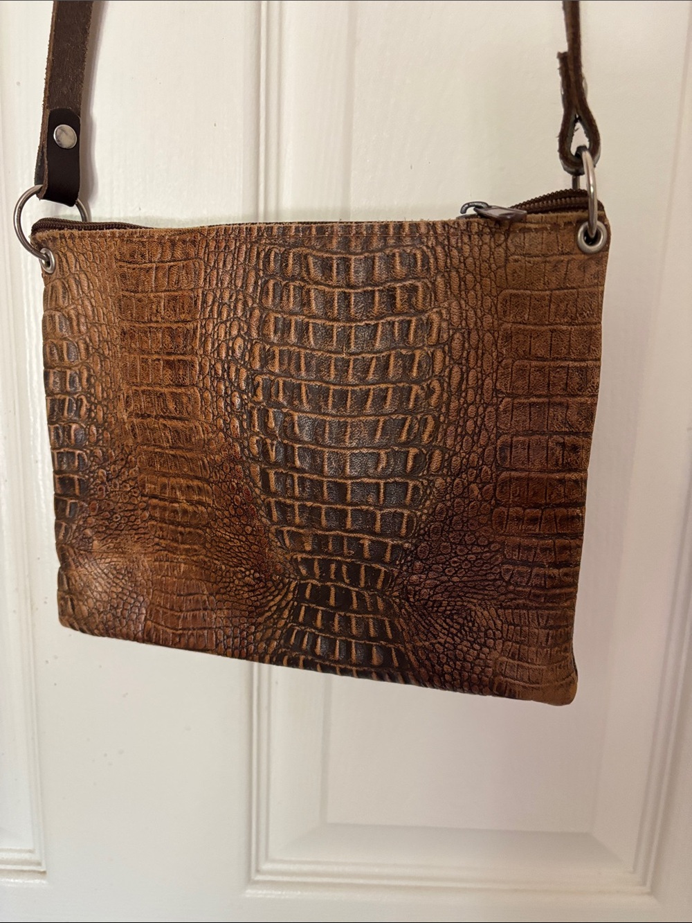 Handmade Croc-Effect Brown Leather Crossbody Bag